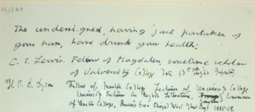 Part of framed letter signed by The Inklings